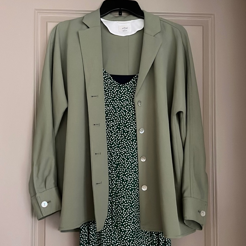Aritzia Wilfred green
NEW FLOWY BUTTON-UP
XS	SAGE FROST